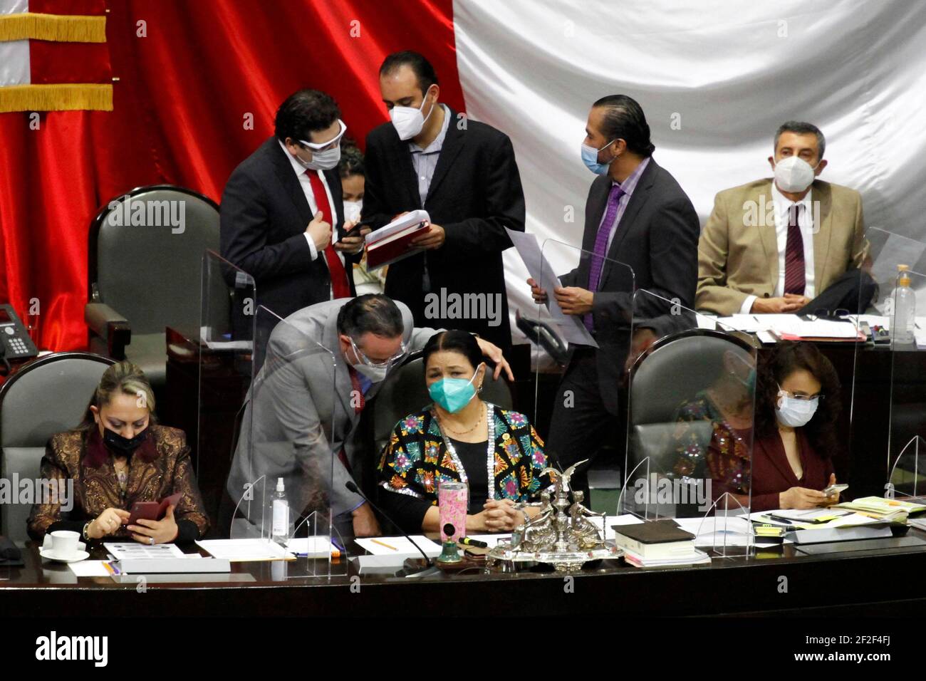 MEXICO CITY, MEXICO . MARCH 9:The president of the Board of Directors of the Chamber of Deputies of Mexico, Dulce Maria Sauri Riancho, uses mask to prevent recontagiarization of the Covid19 virus. On December 20, 2020, the federal deputy of the Institutional Revolutionary Party reported that the SARS-COV2 coronavirus was positive. On March 9, 2021 in Mexico City, Mexico. Credit: Luis Barron/Eyepix Group/The Photo Access Stock Photo