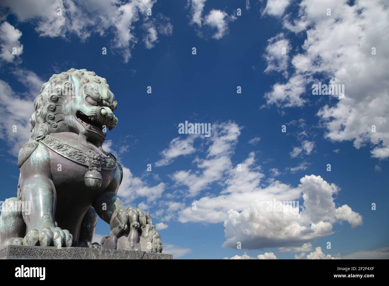 Bronze Guardian Lion Statue in the Forbidden City, Beijing, China Stock