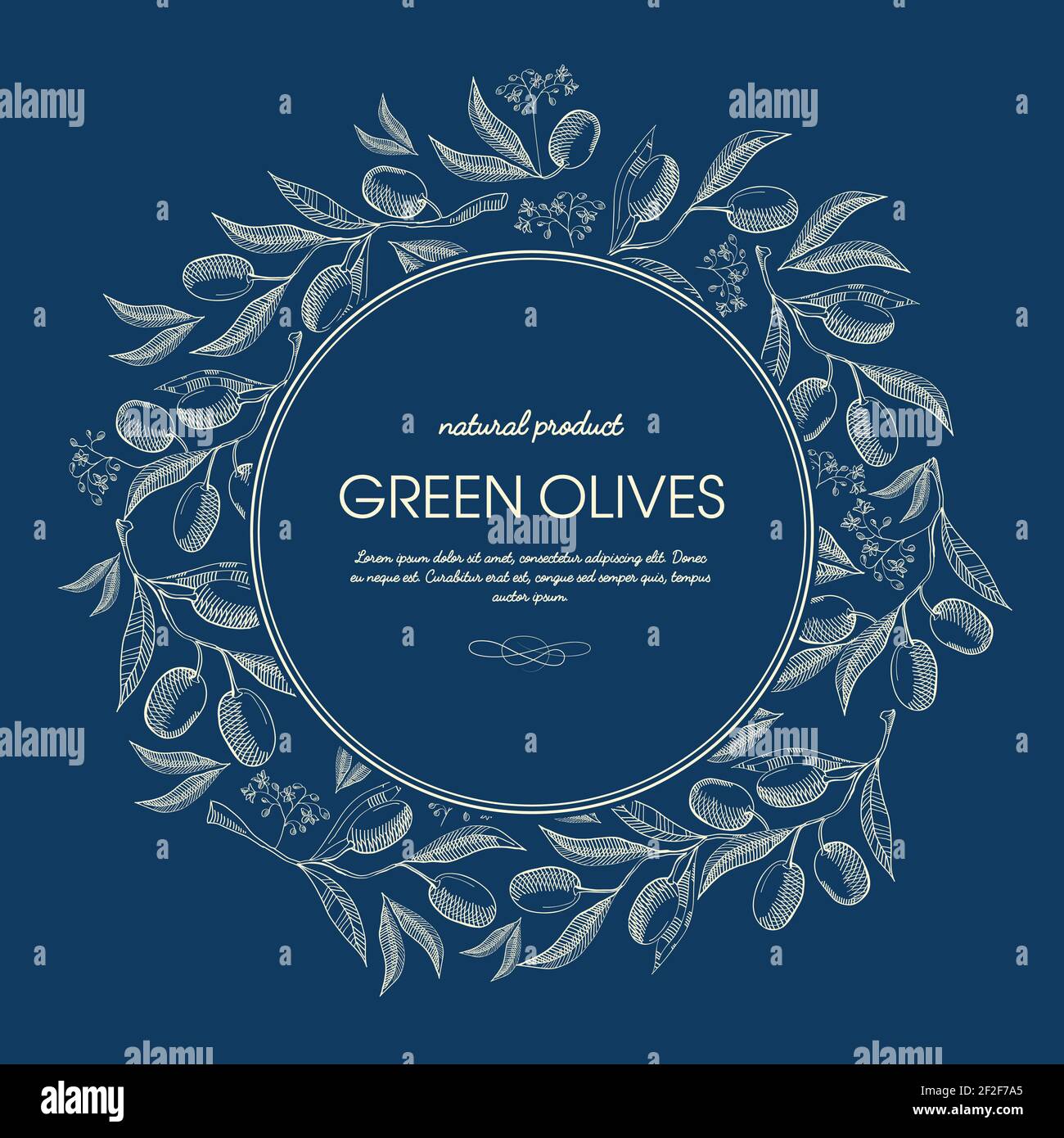 Abstract floral vintage template with text in round frame and olives ...
