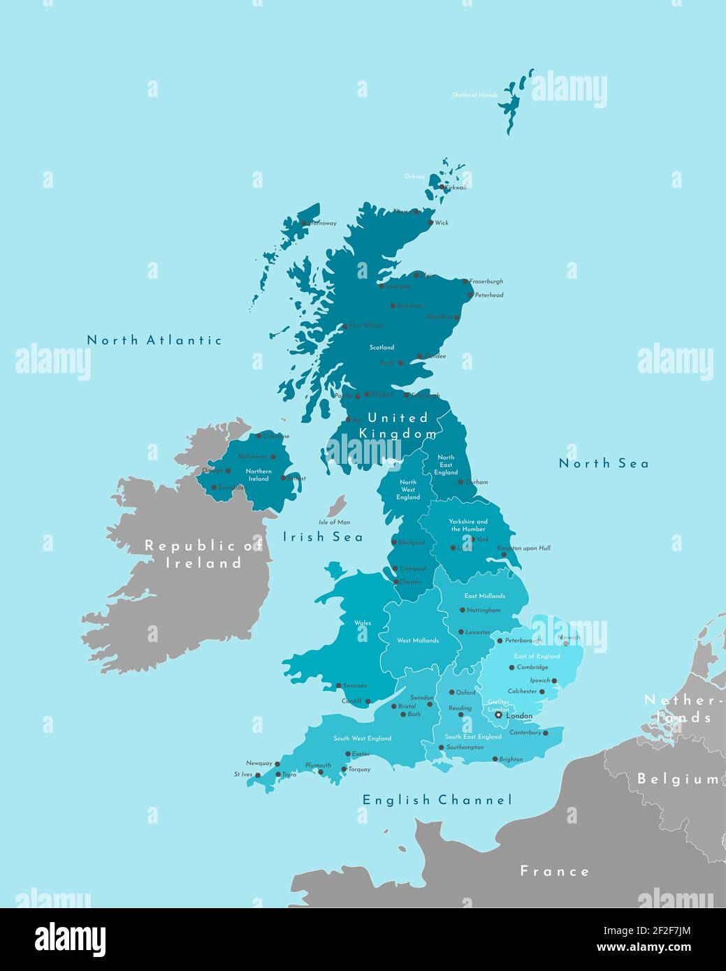 Vector modern illustration. Simplified geographical  map of United Kingdom of Great Britain and Northern Ireland (UK). Blue background of Irish sea Stock Photo