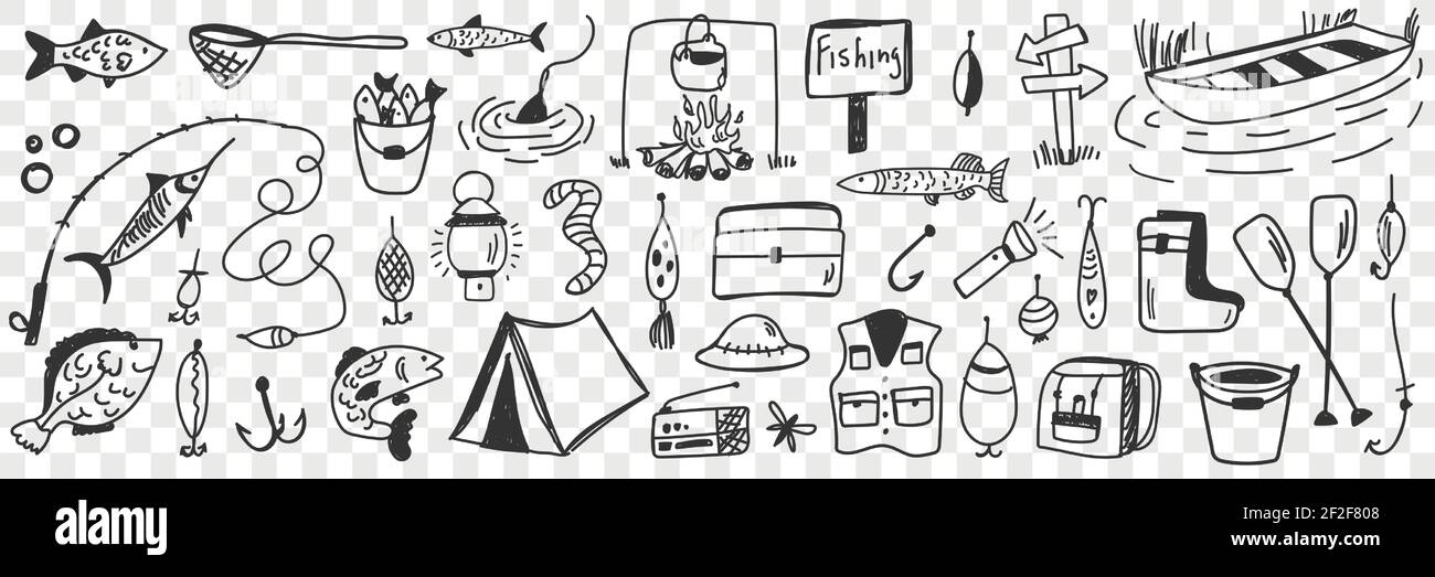 Fishing tools and accessories doodle set. Collection of hand drawn hooks camping worm clothing bucket fishes bonfire lamp for fishing on nature hobby leisure active rest on transparent background Stock Vector