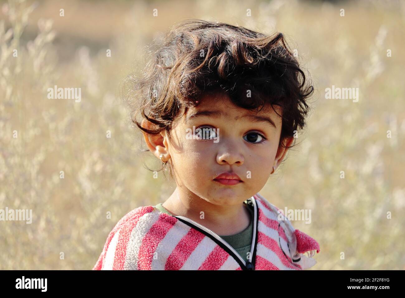 A small boy of Indian origin stands in the garden looking at the camera