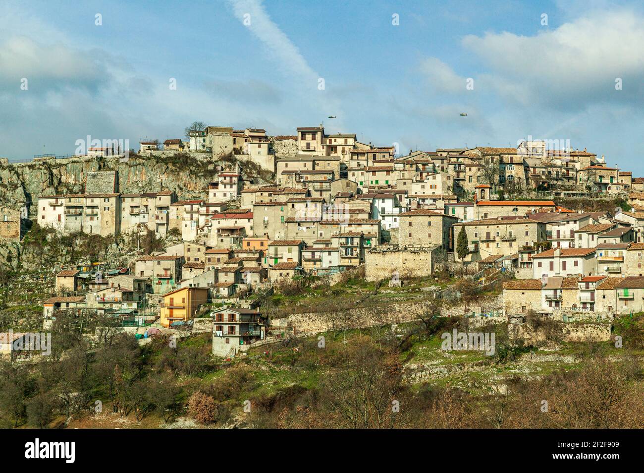 mountain village on the edge of cliff. Pietrasecca, Province of L'Aquila, Abruzzo, Italy, Europe Stock Photo