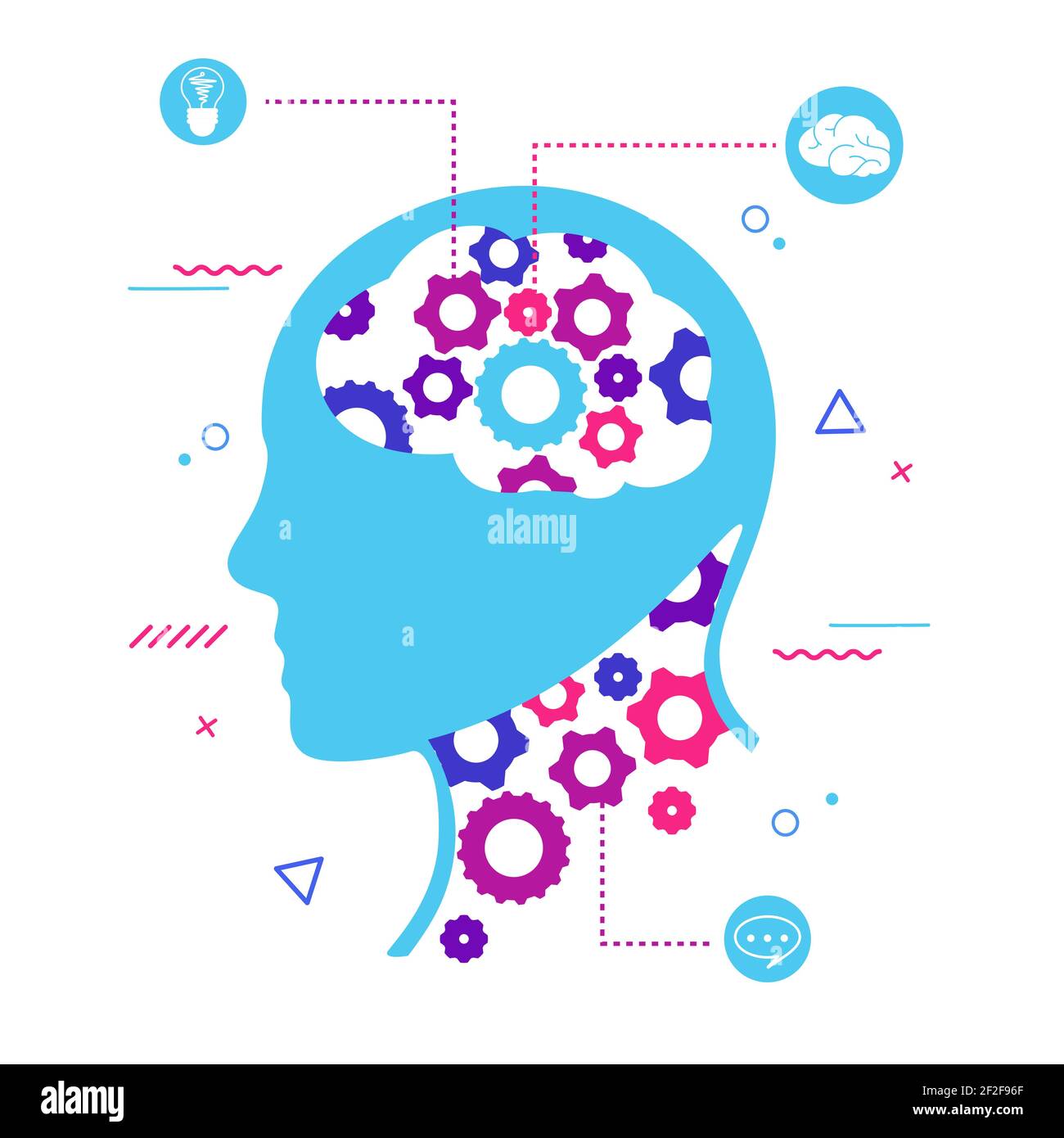 Process thinking and generating ideas. Rotating gear head creative