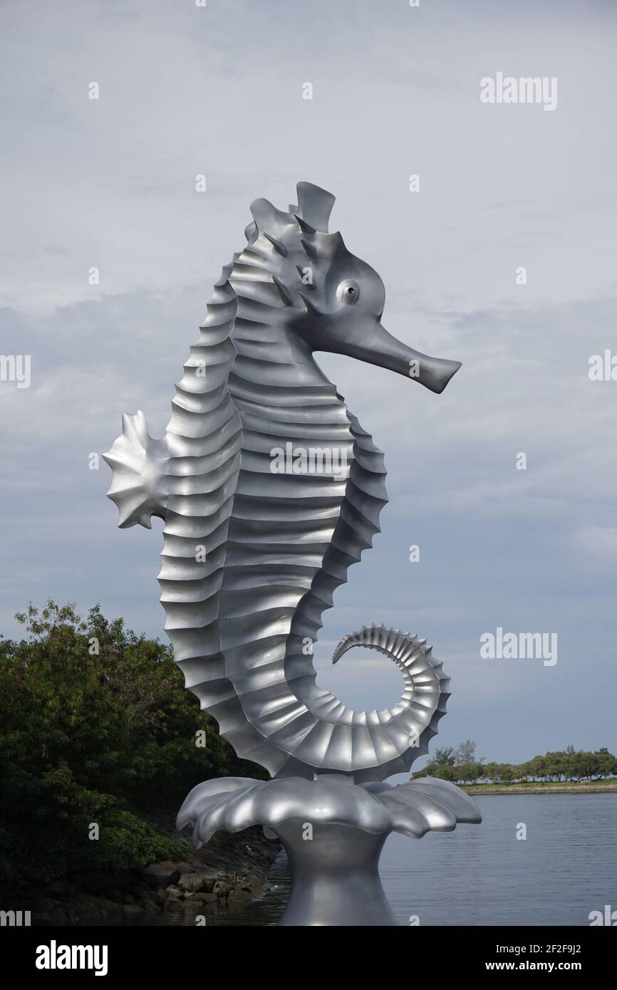 seahorse statue made from steel, landmark at the Miri Waterfront area