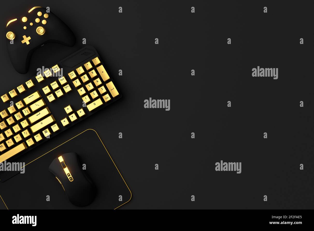 Top view of gamer workspace and gear like mouse, keyboard, joystick