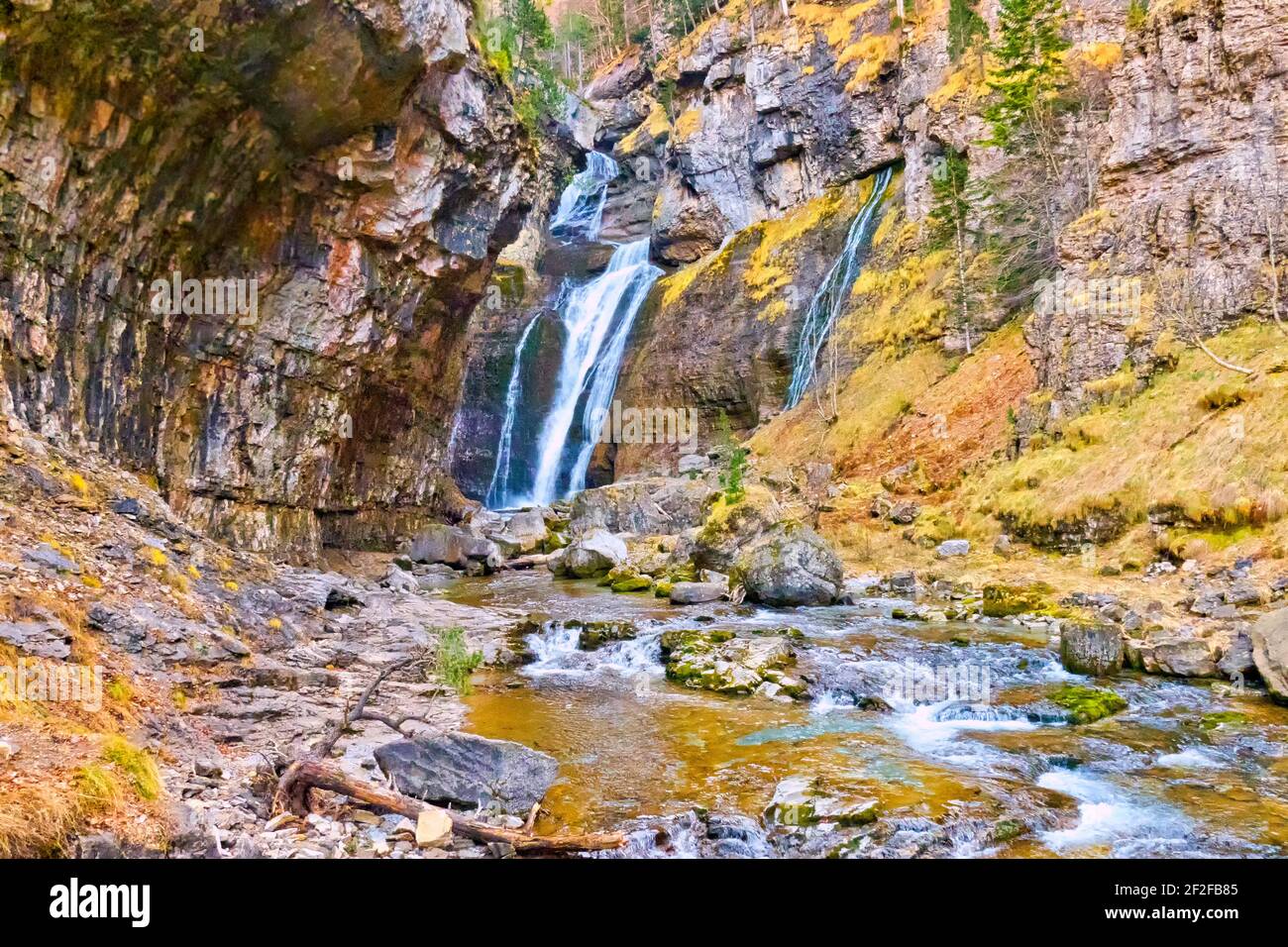 Arazas River Waterfall, Ordesa Valley, Ordesa y Monte Perdido National Park, UNESCO Biosphere Reserve of Ordesa-Vinamala, Pyrenees, Huesca, Aragon, Sp Stock Photo