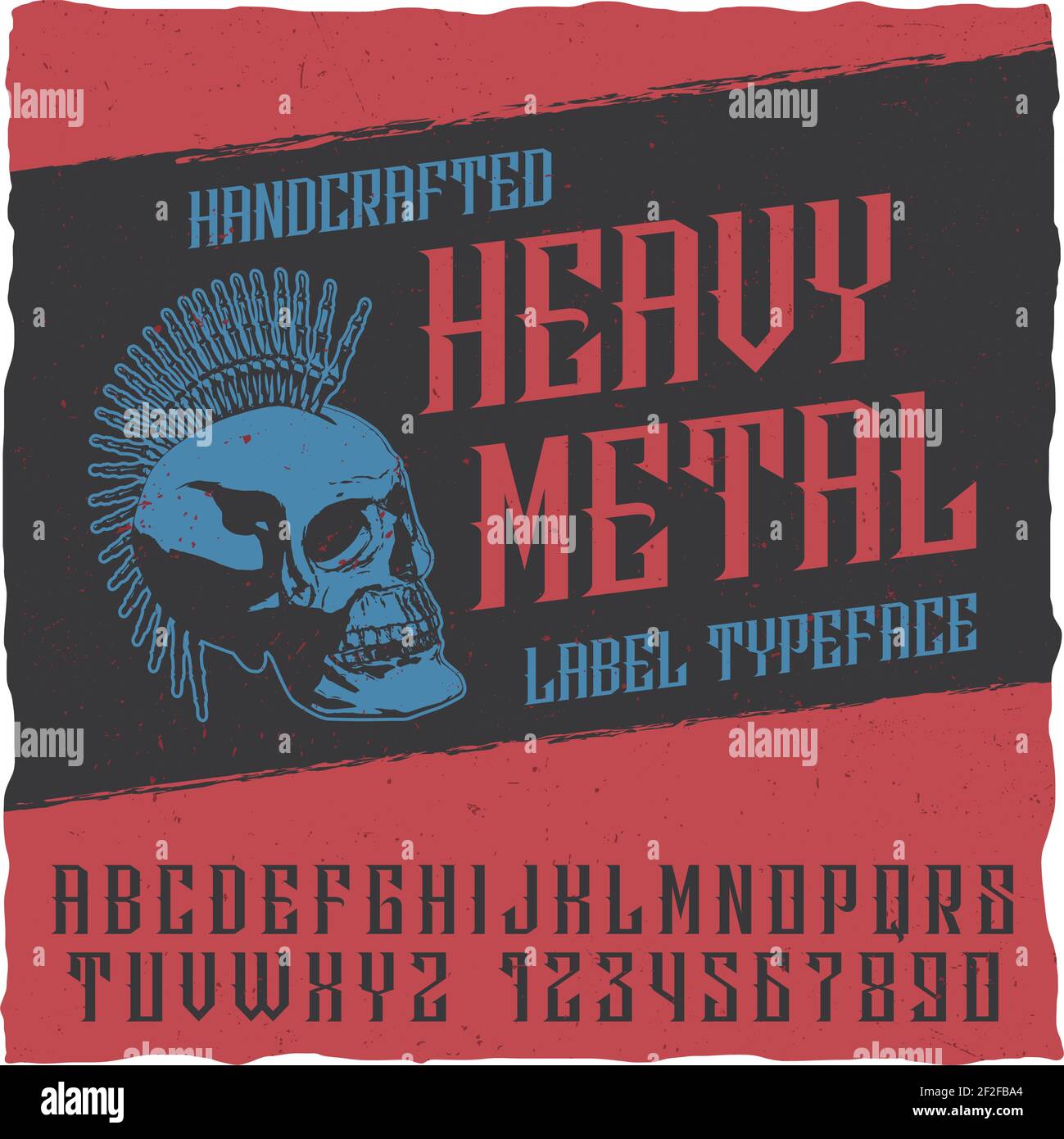Heavy metal label typeface poster with sceleton on the black background vector illustration Stock Vector