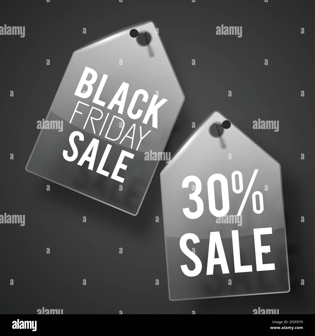 Two black friday sale tag set on wall with shadows and white texts vector illustration Stock Vector
