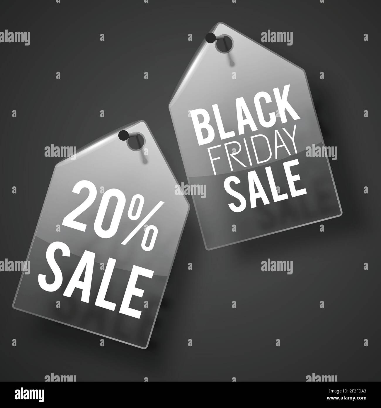 Sale black tag set hanging on the dark gray wall with headlines on each vector illustration Stock Vector