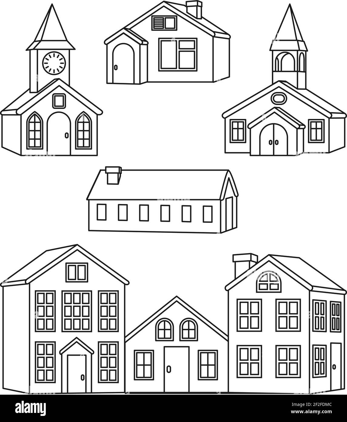Black and white village houses set. Vector illustration for site banner