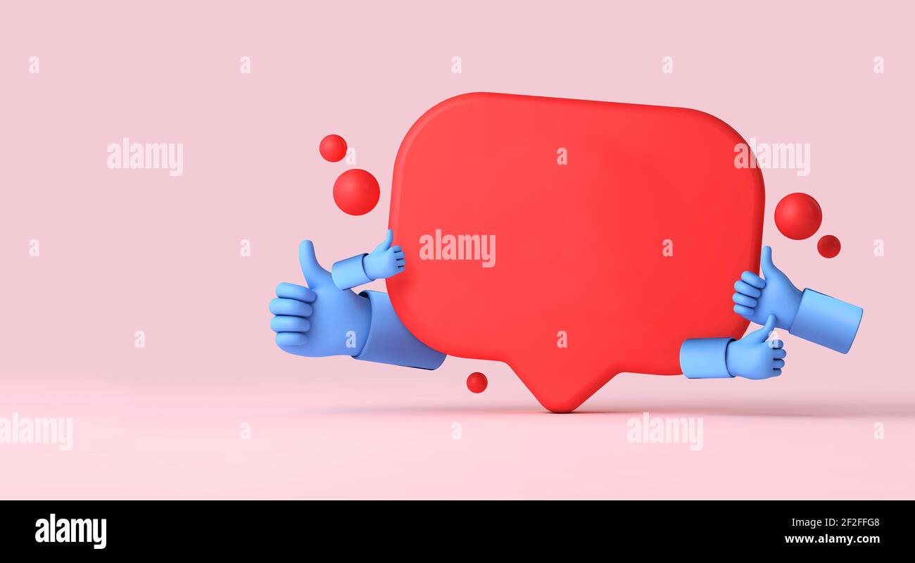 Social media notification speech bubble with thumbs up hands. 3D ...