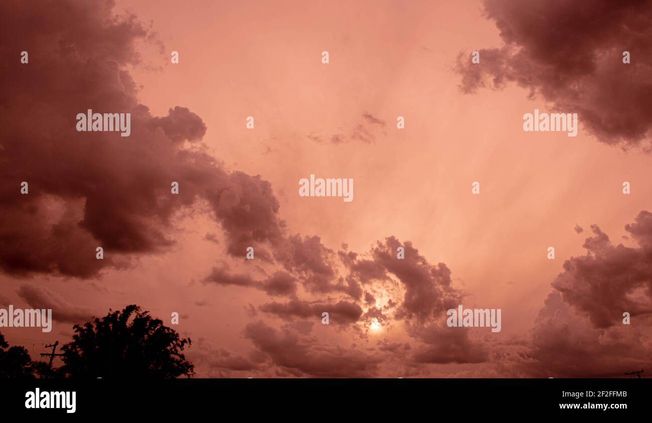 Colorful rain clouds at dusk. Rain-forming clouds. Sunset in the skies ...