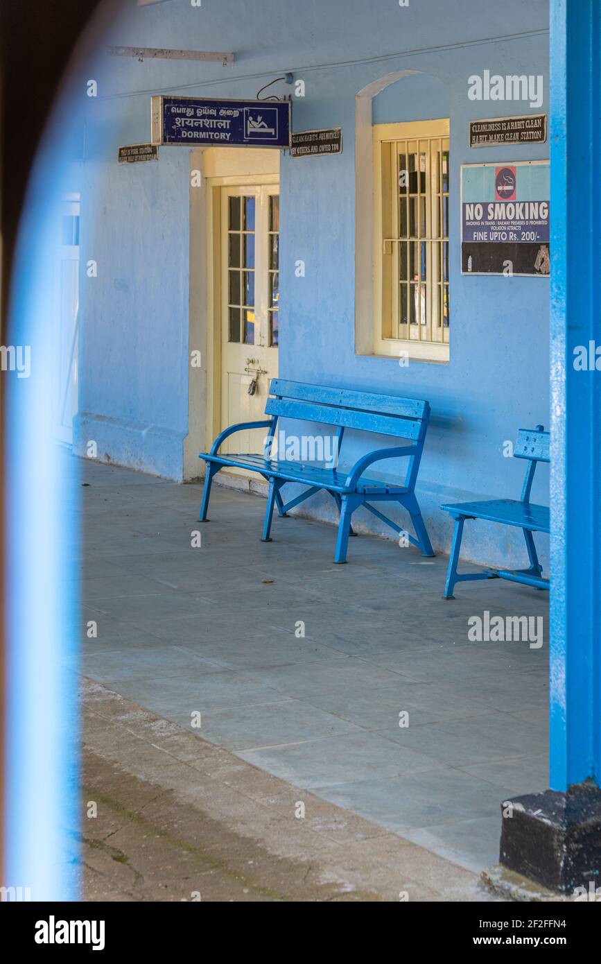 Train station in Tamil Nadu, Blue Mountain Train, India Stock Photo