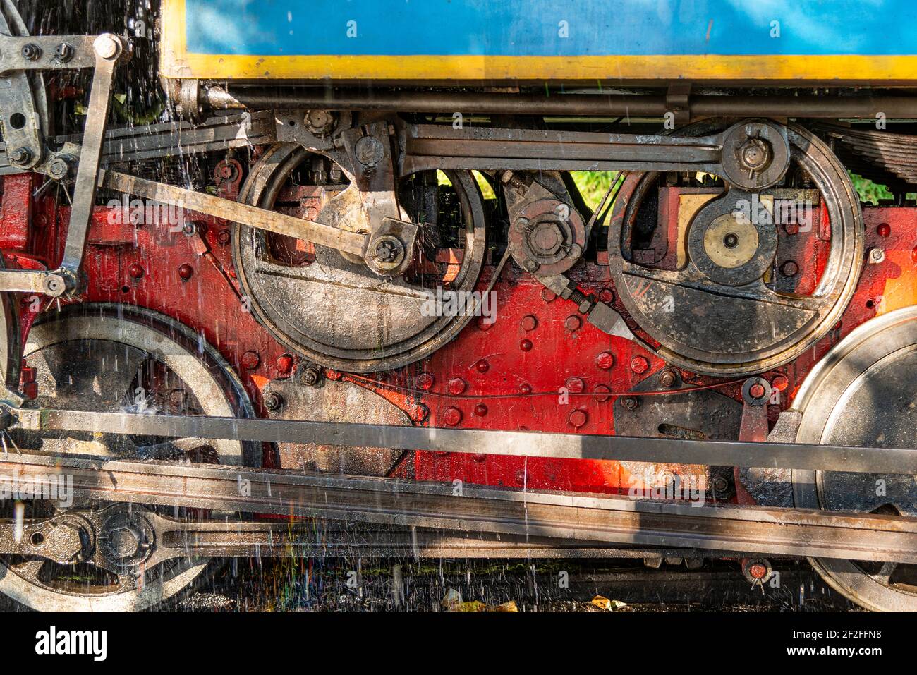 Wheels of the locomotive of the Blue Mountain Train, Tamil Nadu, India Stock Photo