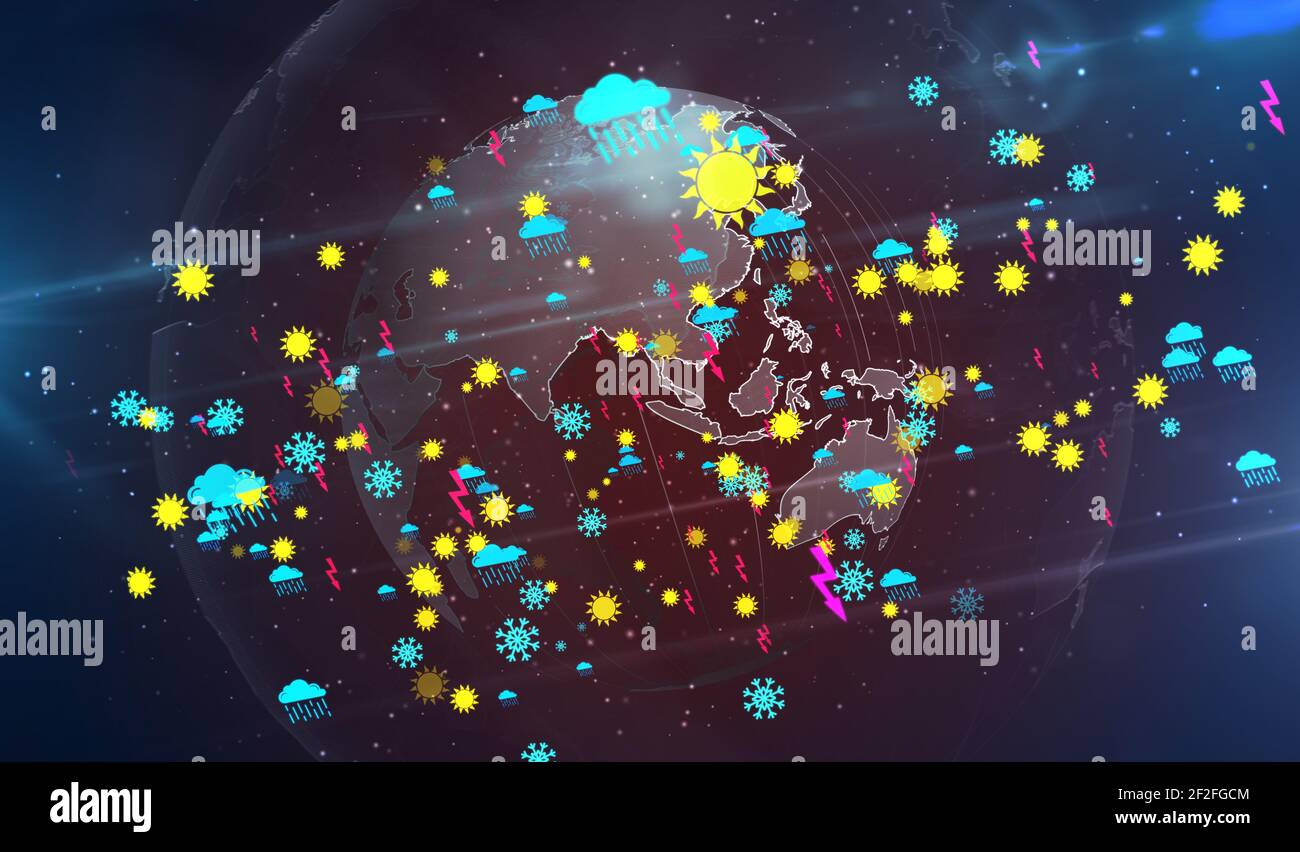 Weather symbols and icons on digital globe 3d illustration. Abstract ...