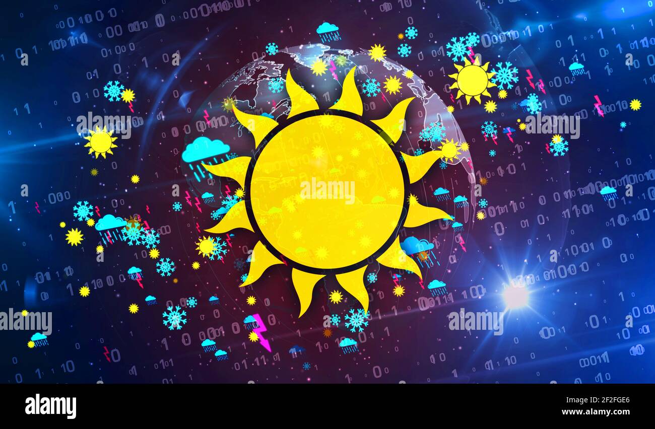Weather symbols and icons on digital globe 3d illustration. Abstract  concept background with storm, lighting, snow, rain cloud and sun signs  Stock Photo - Alamy