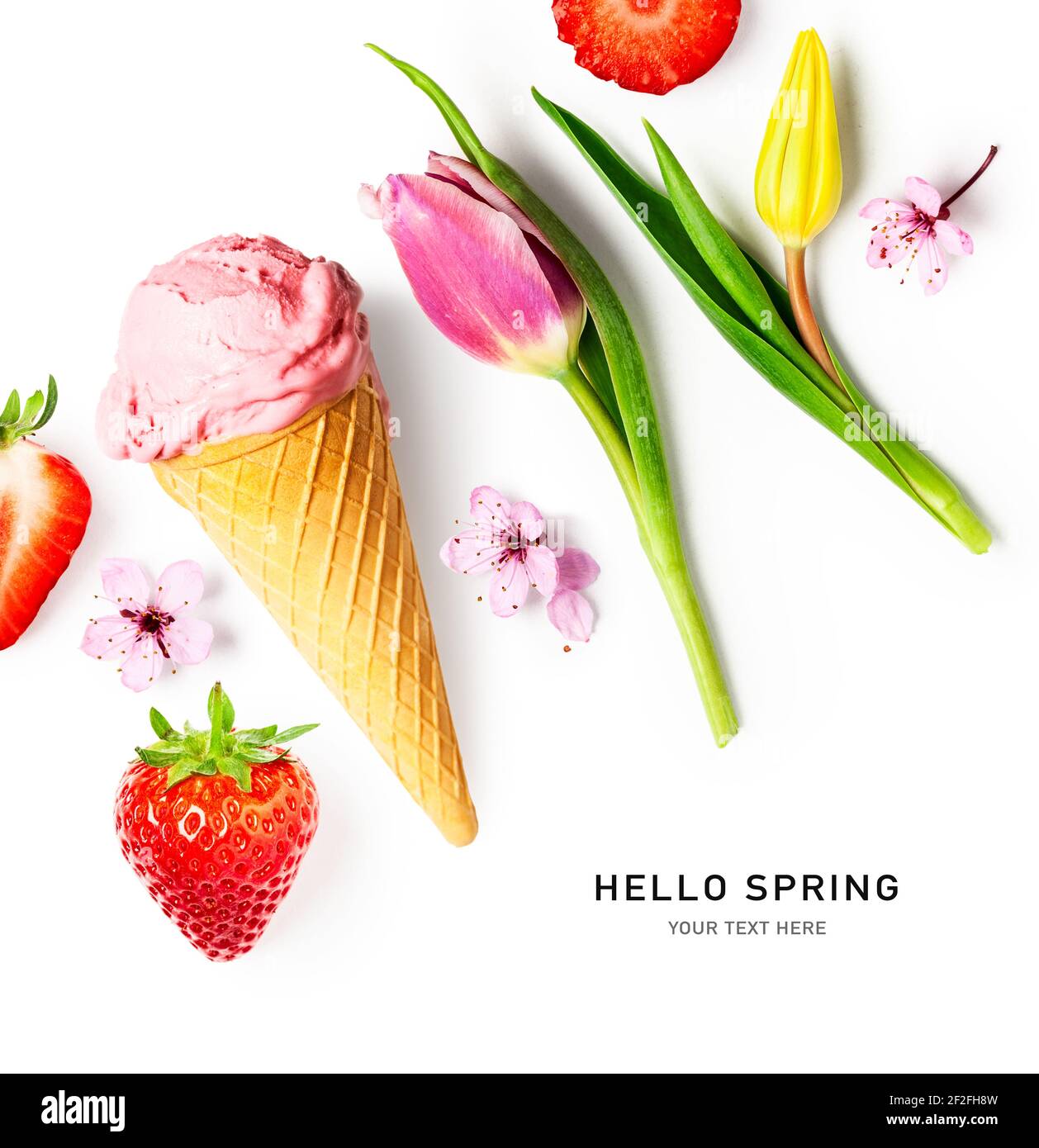 Creative layout with strawberry ice cream, berries, cherry blossom and