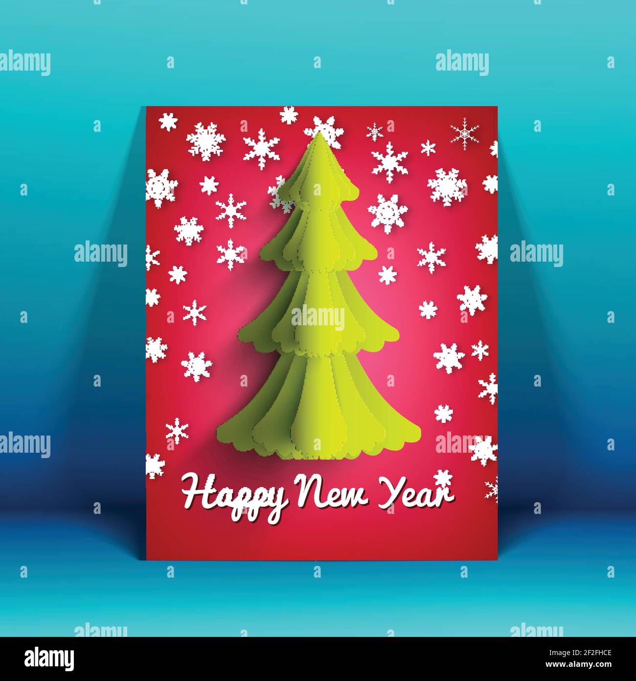 Happy New Year greeting card with fir tree and decorative falling snow ...