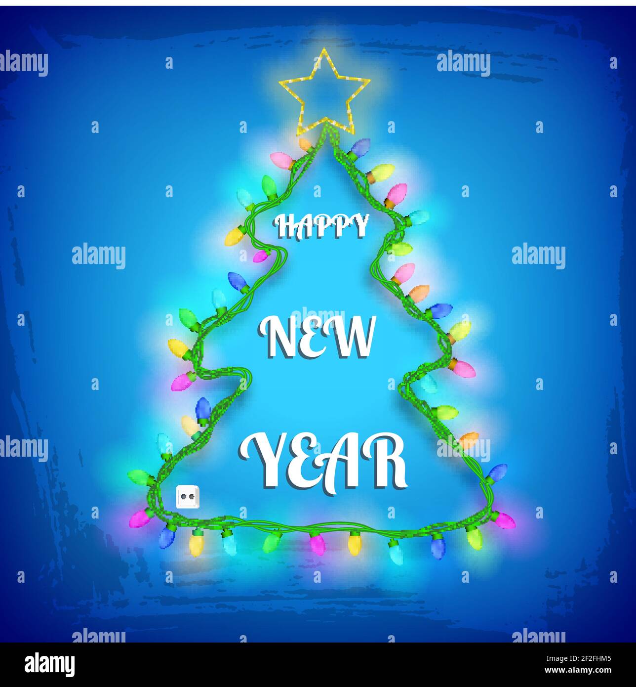 Xmas tree design with star colorful garland lights and greeting on blue ...