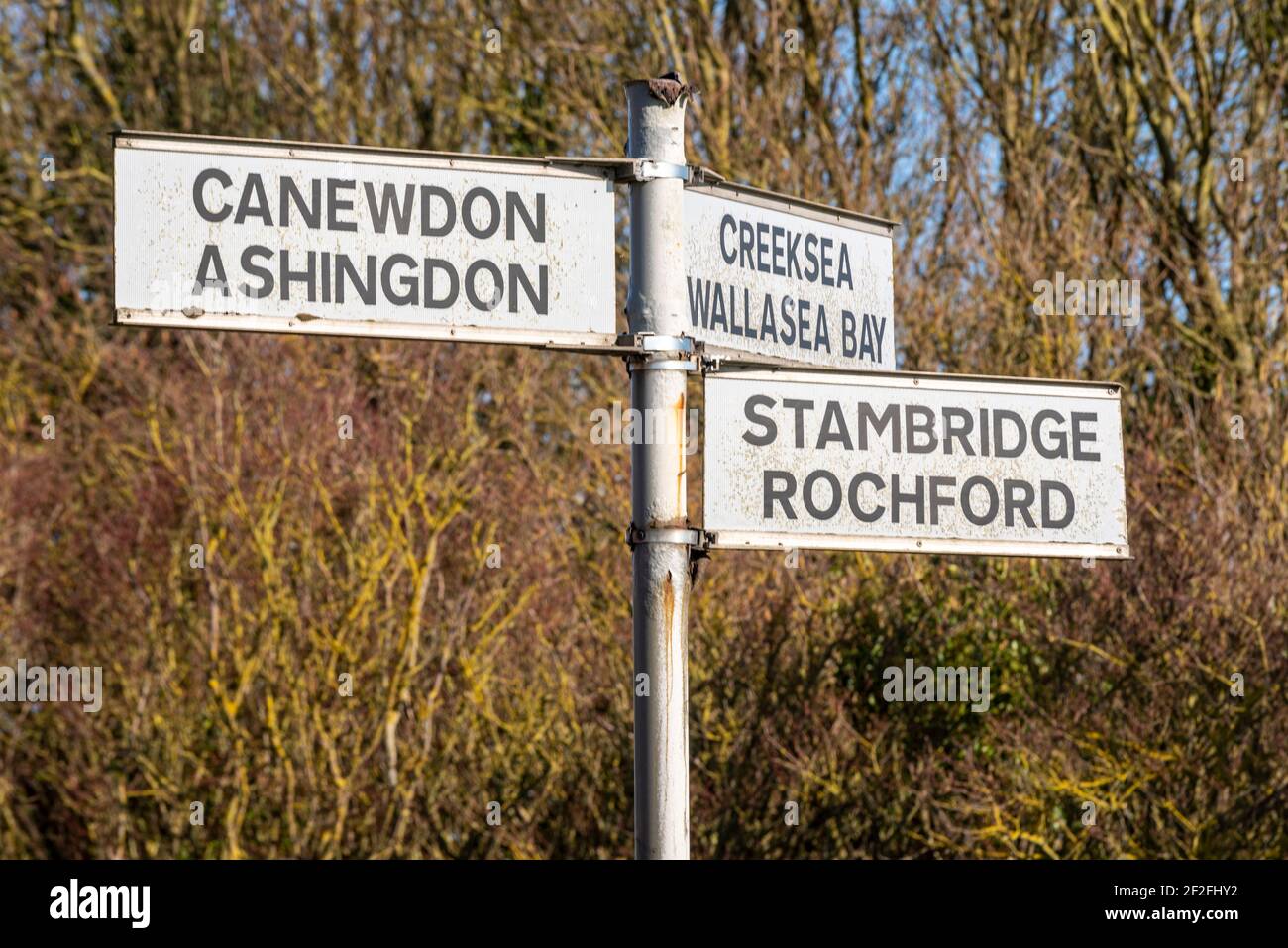 Old road destination sign in Ballards Gore, Stambridge, Essex, UK, with routes to Rochford, Canewdon, Ashingdon, Stambridge, Creeksea, Wallasea Bay Stock Photo
