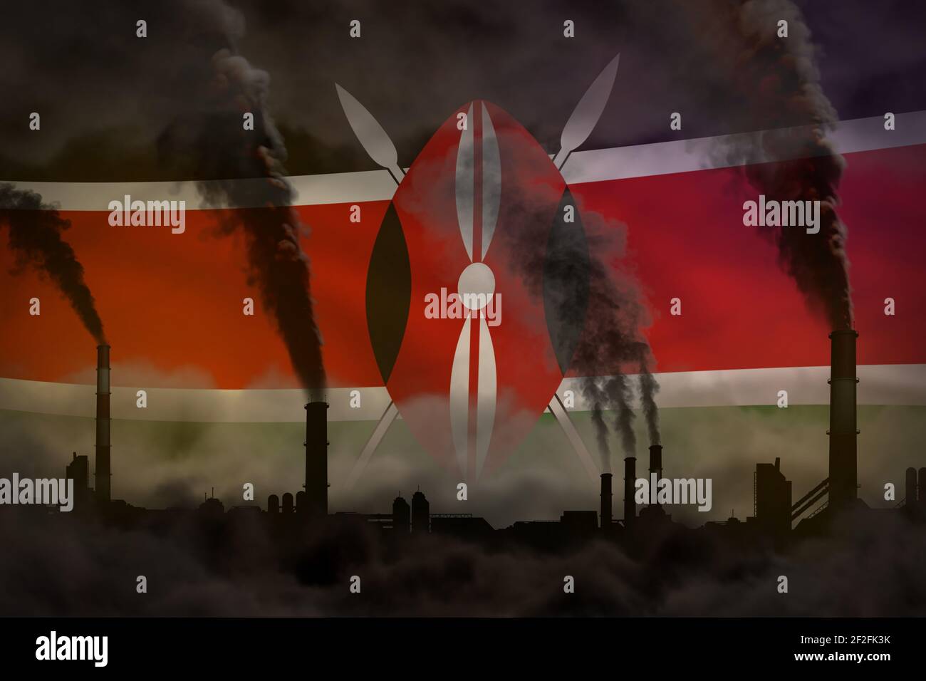 heavy smoke of industrial pipes on Kenya flag - global warming concept, background with place for your content - industrial 3D illustration Stock Photo