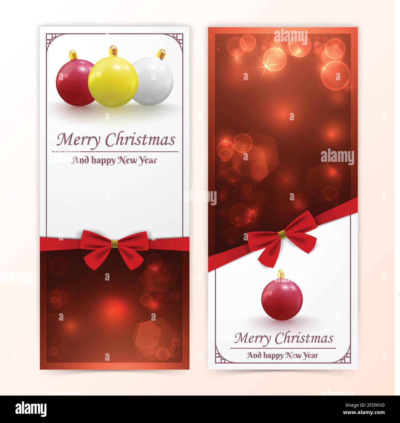 Holiday christmas vertical banners with baubles bokeh and red bows flat ...