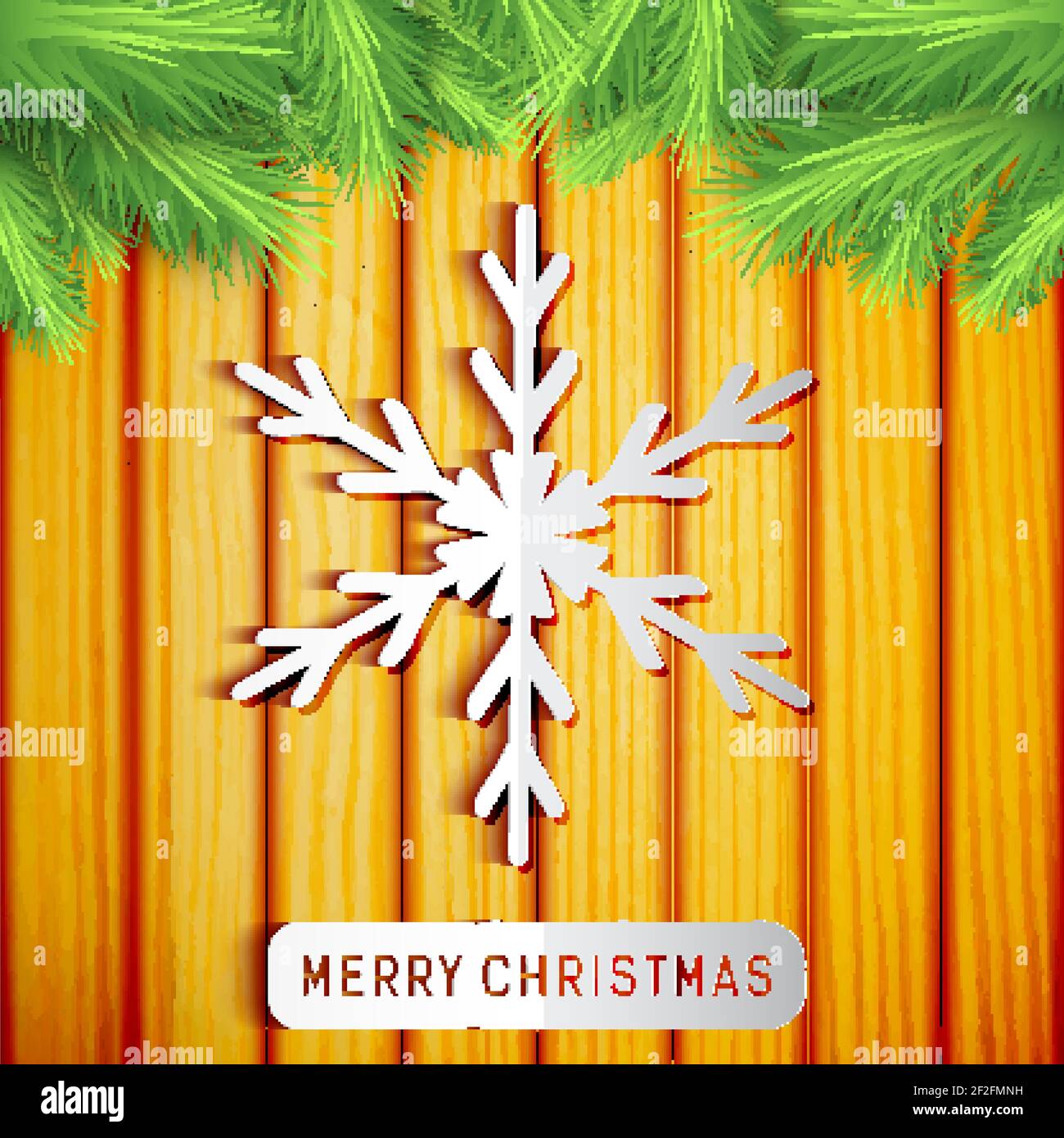 Merry Christmas light poster with paper snowflake green fir branches on ...