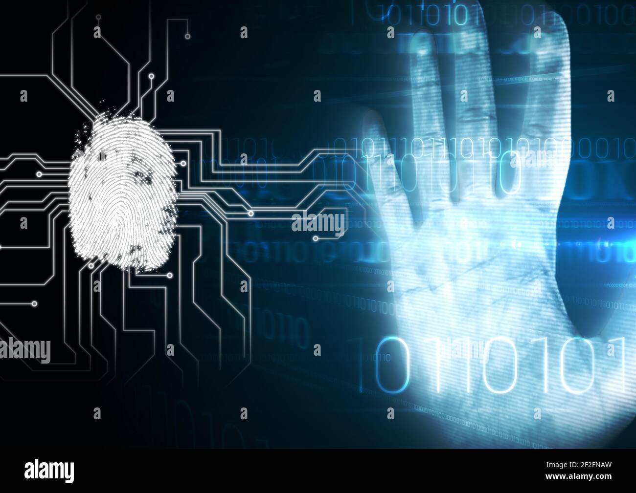 Human hand print over biometric scanner against data processing on blue background Stock Photo