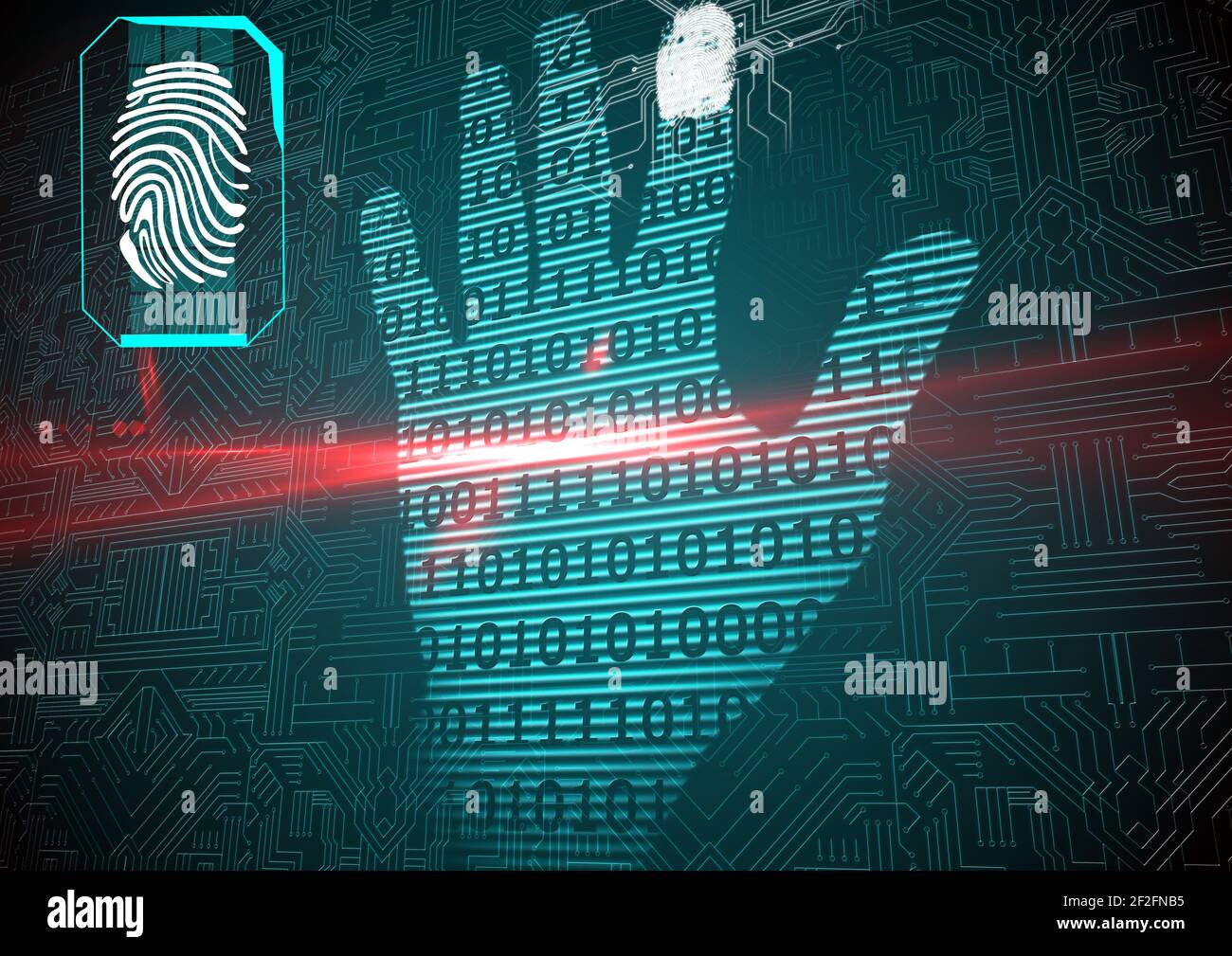 Binary coding over human hand print against microprocessor connections on blue background Stock Photo