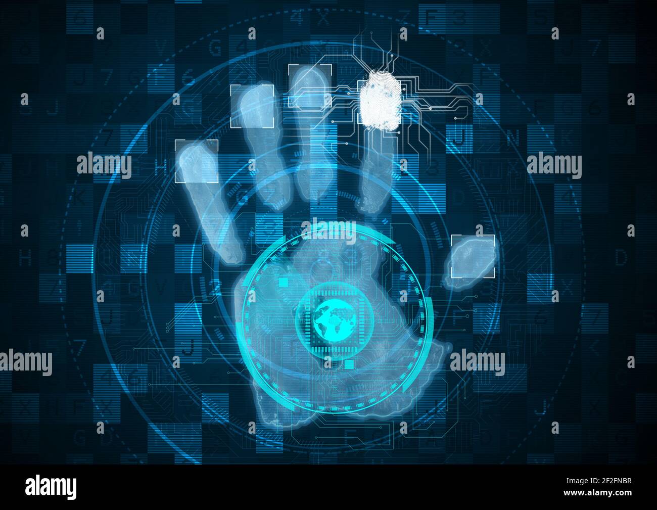 Human hand print over biometric scanner against data processing on blue background Stock Photo