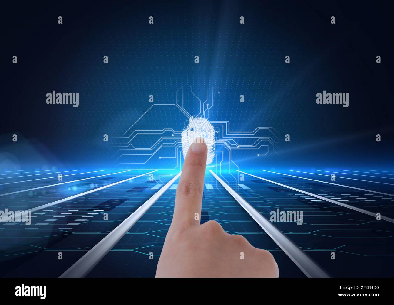 Human finger scanning over biometric scanner against microprocessor connections on blue background Stock Photo