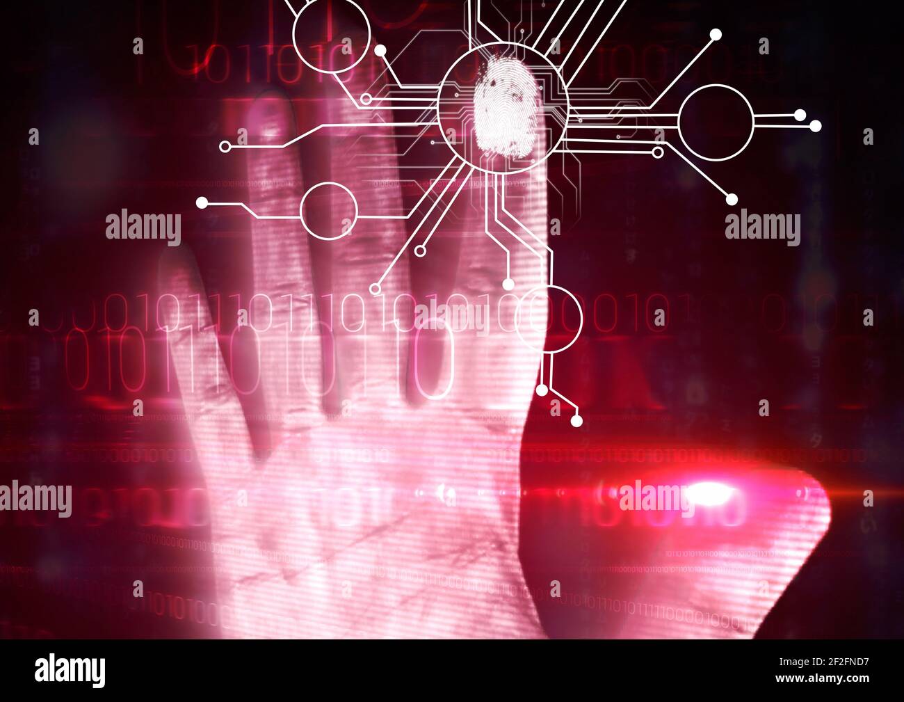 Human finger scanning over biometric scanner against binary coding data processing Stock Photo