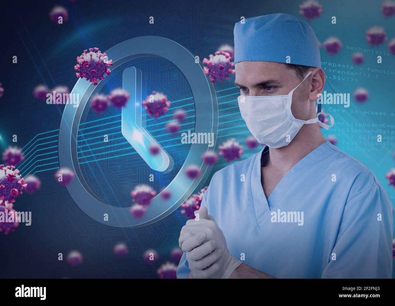 Digital clock and and covid-19 cells over male surgeon wearing face mask against blue background Stock Photo