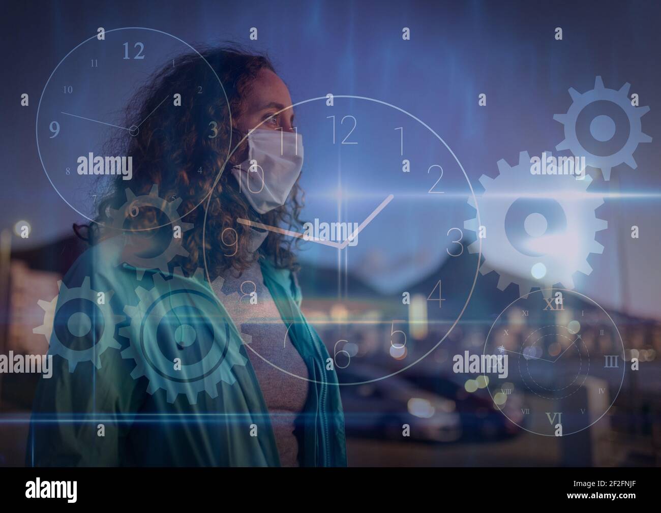 Multiple digital clocks and icons against woman wearing face mask standing against cityscape Stock Photo