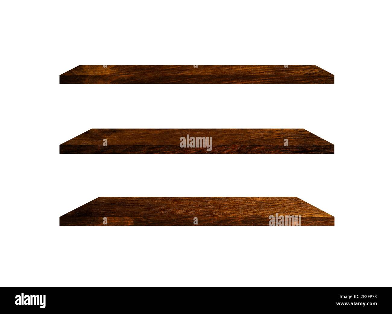 Three wooden shelves isolated on white background with clipping path ...