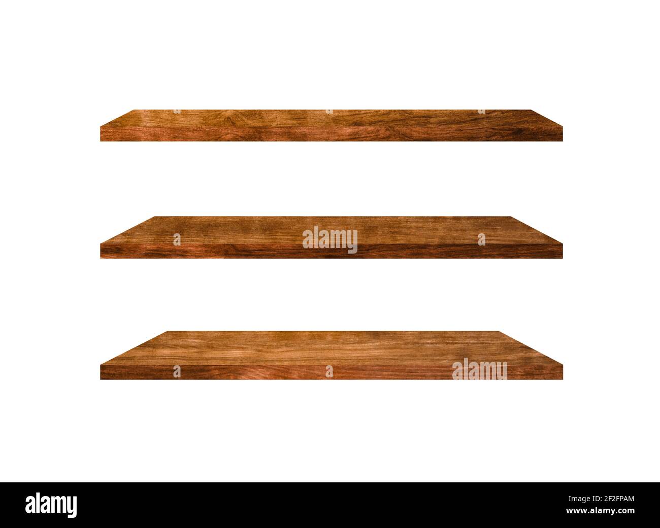 Three wooden shelves isolated on white background with clipping path ...