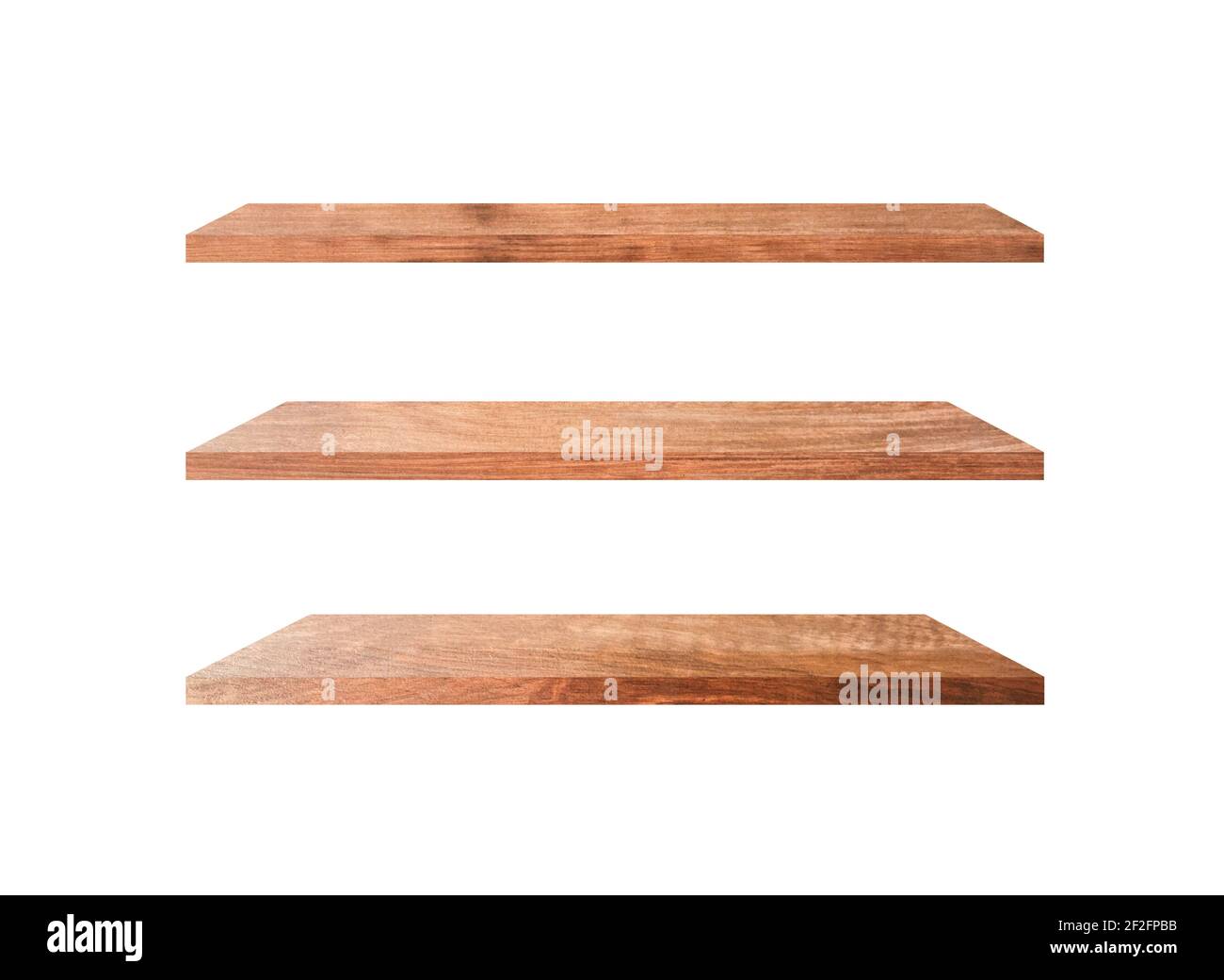 Three wooden shelves isolated on white background with clipping path ...