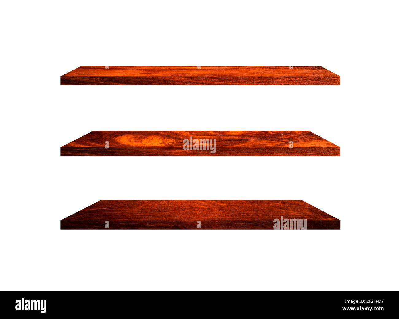Beautiful brown wood shelves isolated on white background with copy