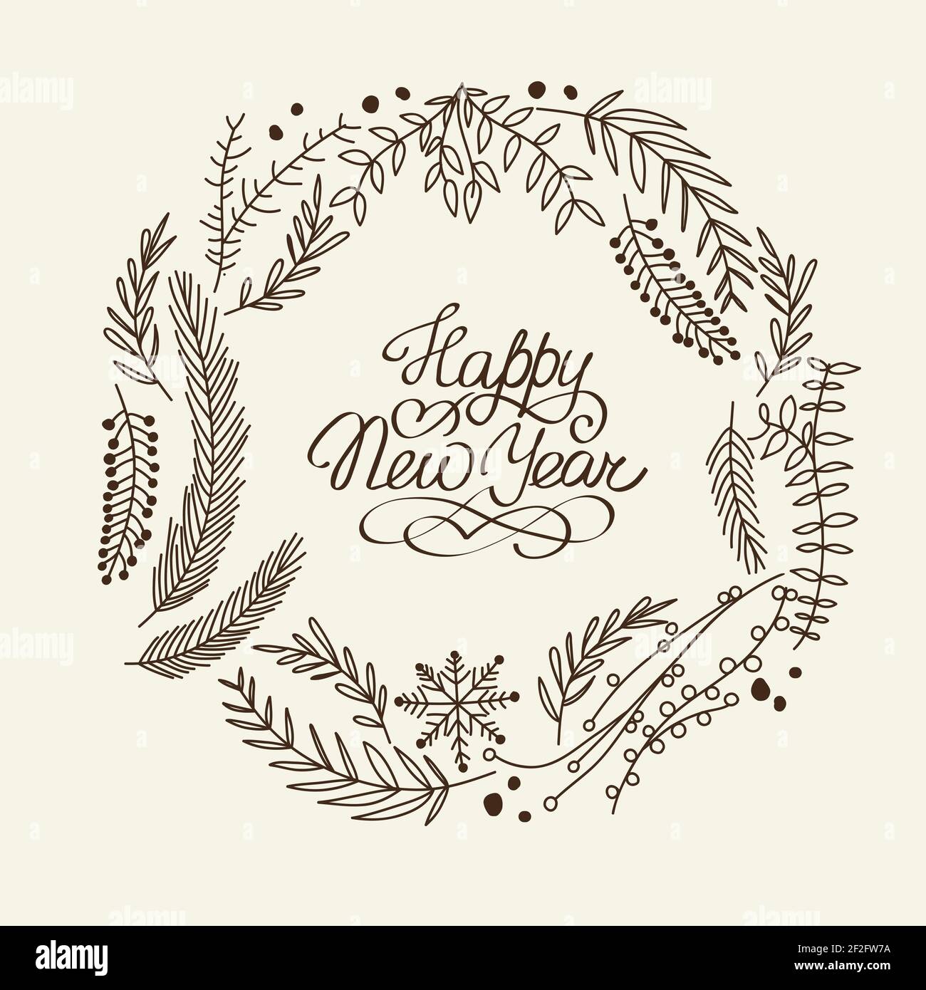 Wreath Inscription Sketch winter floral round wreath with tree branches and greeting ...