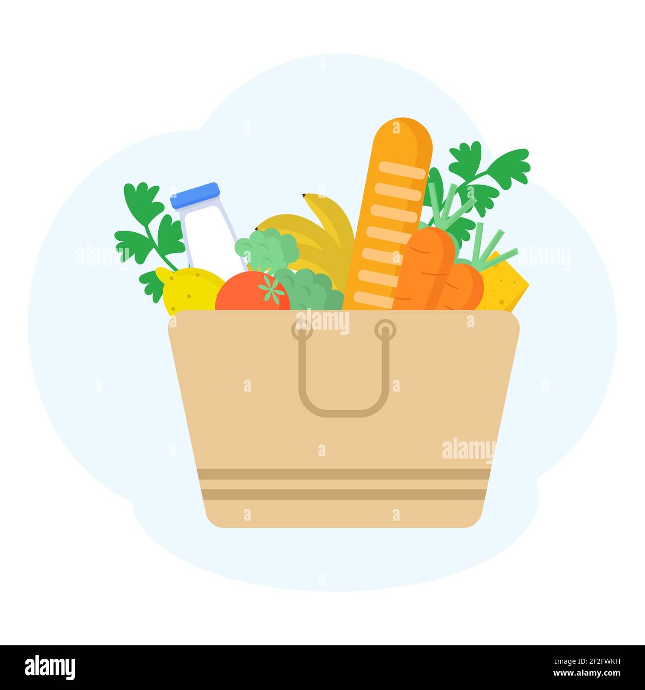 Paper bag with food. Vegetables, bread, dairy products, milk and cheese. Grocery delivery concept. Flat vector illustration. Stock Vector