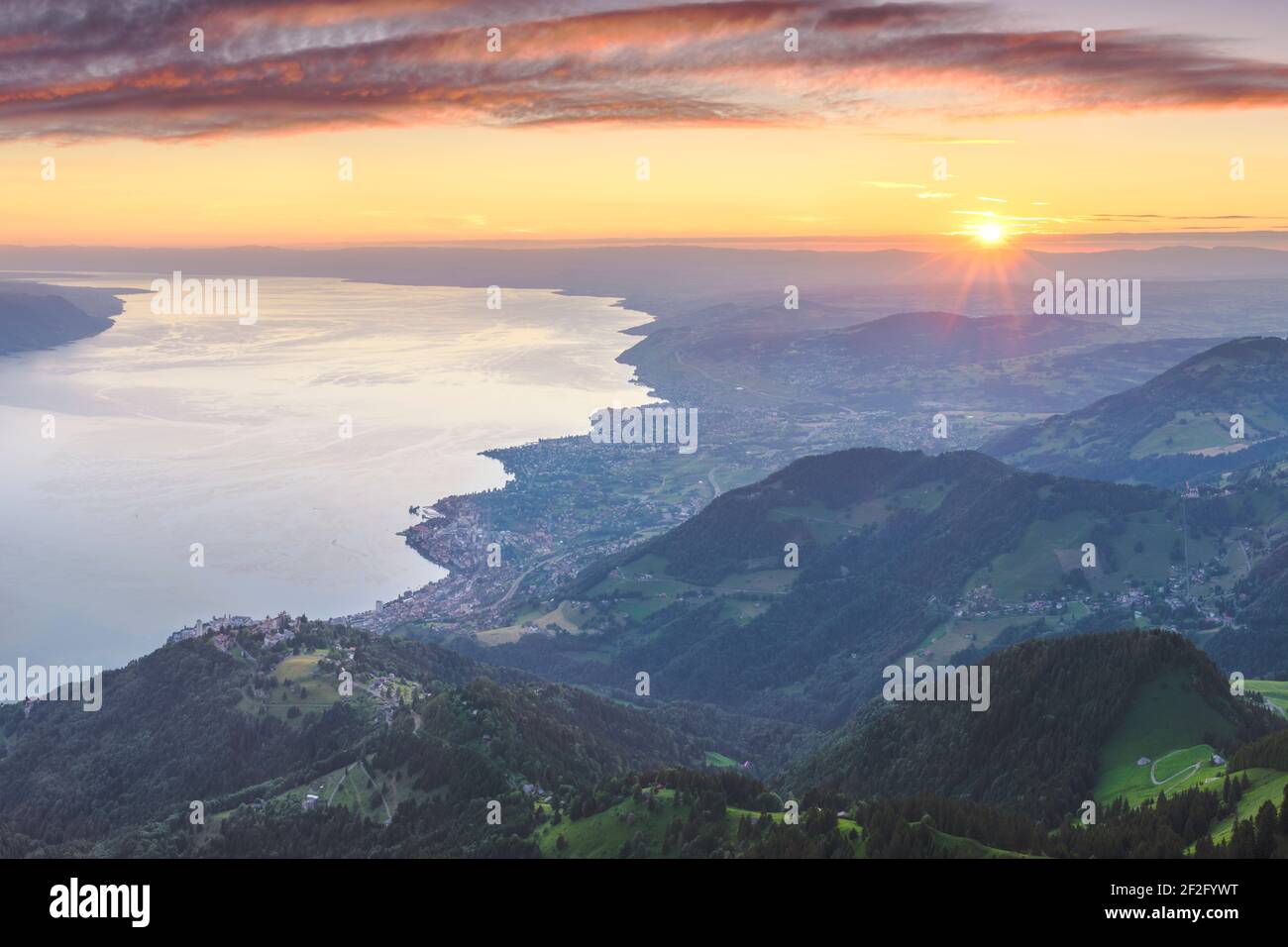 geography / travel, Switzerland, Vaud, Sunset over the immense Lake Geneva, seen from Rochers de Naye , Additional-Rights-Clearance-Info-Not-Available Stock Photo