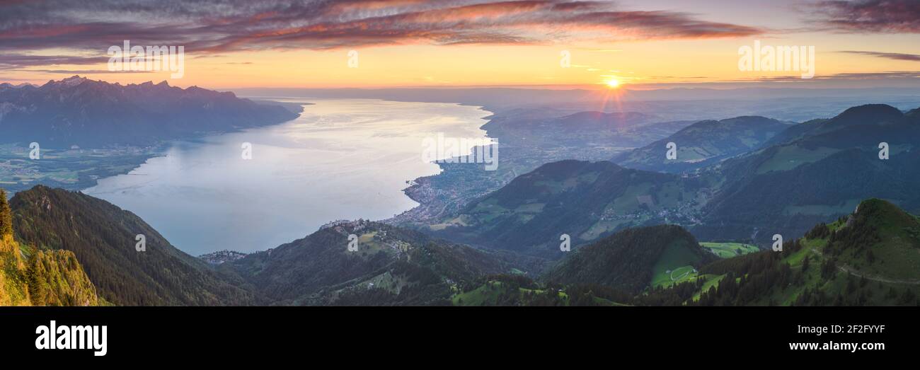 geography / travel, Switzerland, Vaud, Sunset over the immense Lake Geneva, seen from Rochers de Naye , Additional-Rights-Clearance-Info-Not-Available Stock Photo