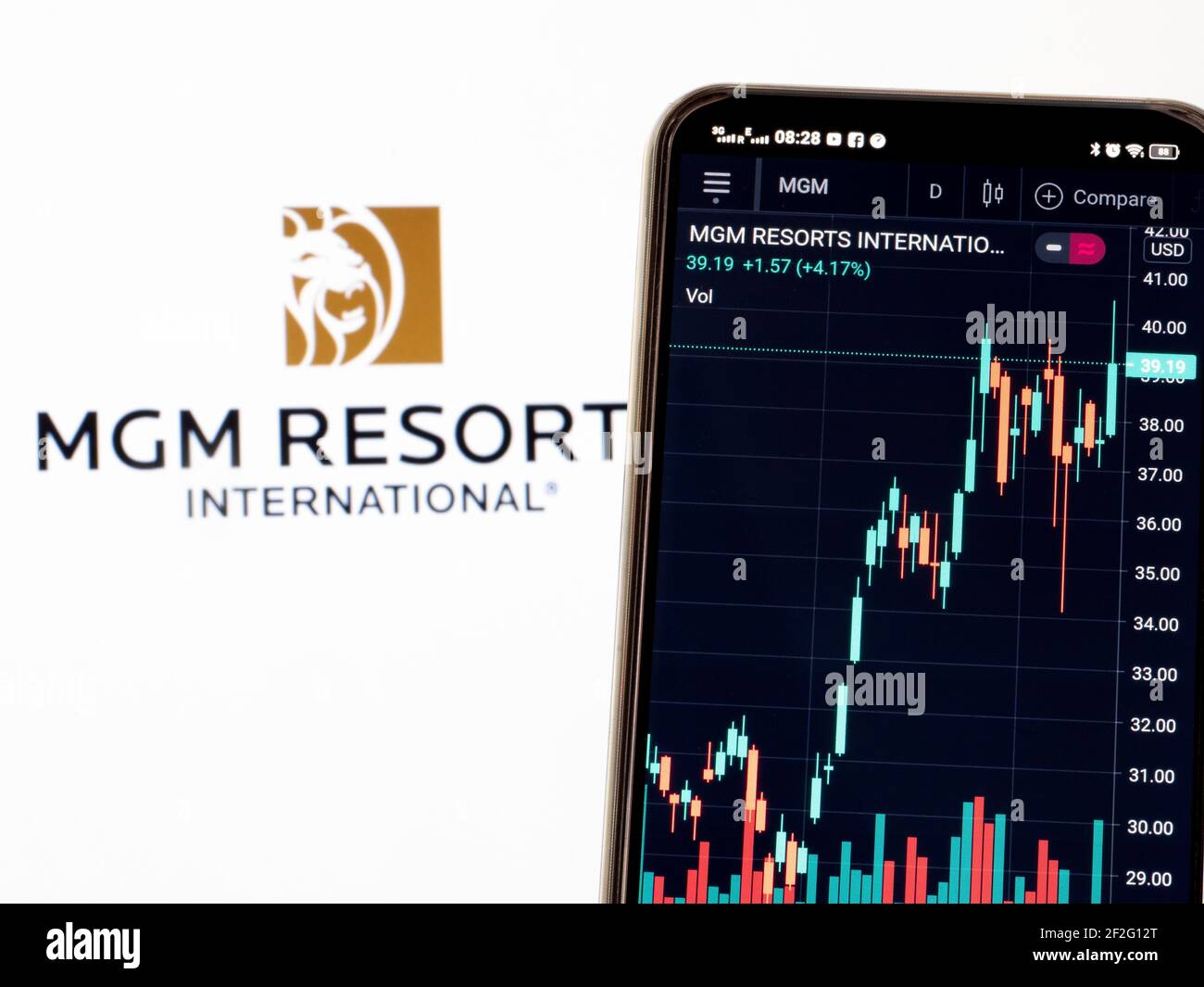 Ukraine. 12th Mar, 2021. In this photo illustration, the stock market information of MGM Resorts International seen displayed on a smartphone with the MGM Resorts International logo in the background. Credit: SOPA Images Limited/Alamy Live News Stock Photo
