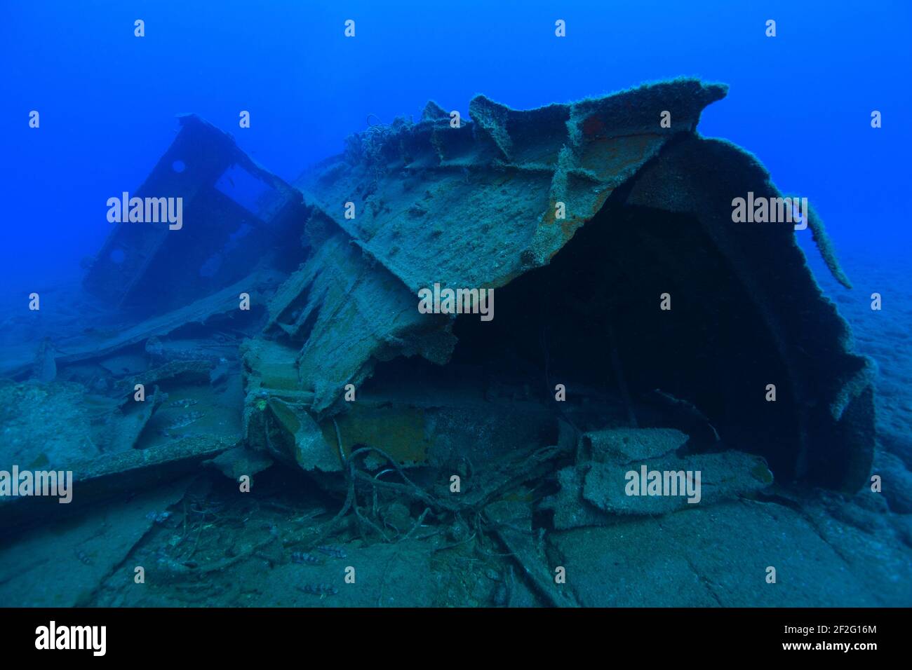 Schiffswrack eines Fischerbootes am Grund des Atlantiks (Gran Canaria, Kanarische Inseln, Atlantischer Ozean) Stock Photo