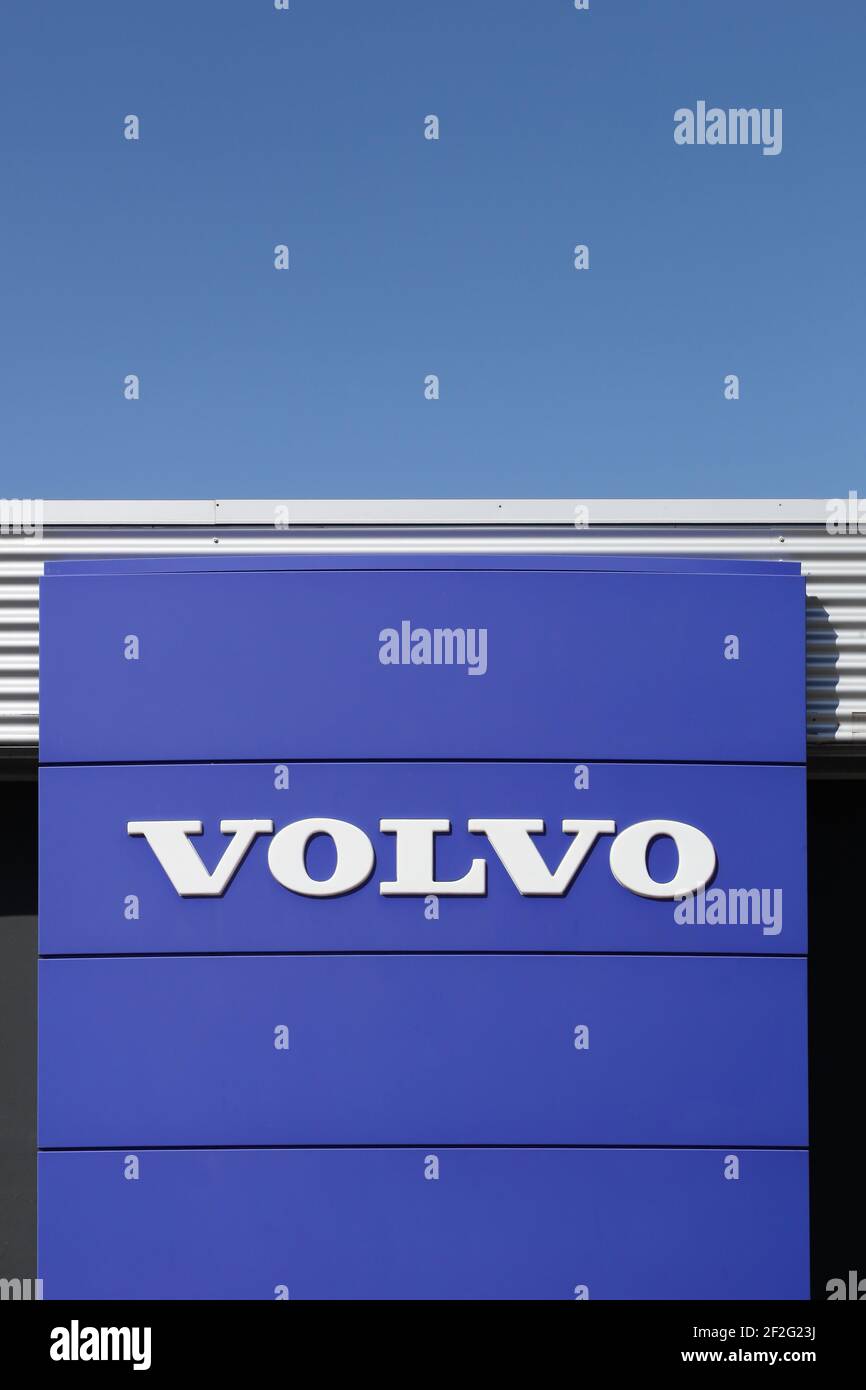 Risskov, Denmark - May 11, 2019: Volvo logo on a wall. Volvo is a Swedish premium automobile manufacturer established in 1927 in Gothenburg, Sweden Stock Photo