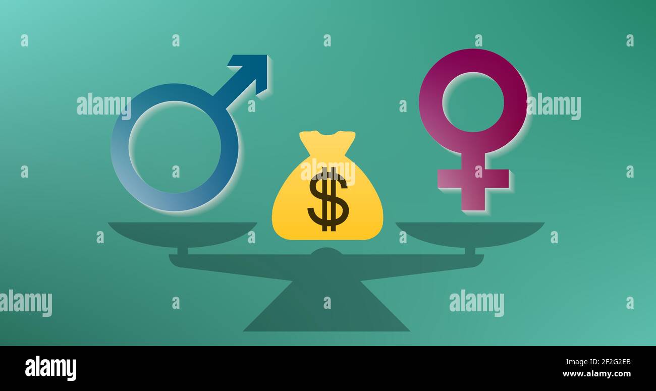 Gender pay gap means that on average, women earn less than men regardless of experience or job type. Illustration: Male and female symbol on a scale,... Stock Photo