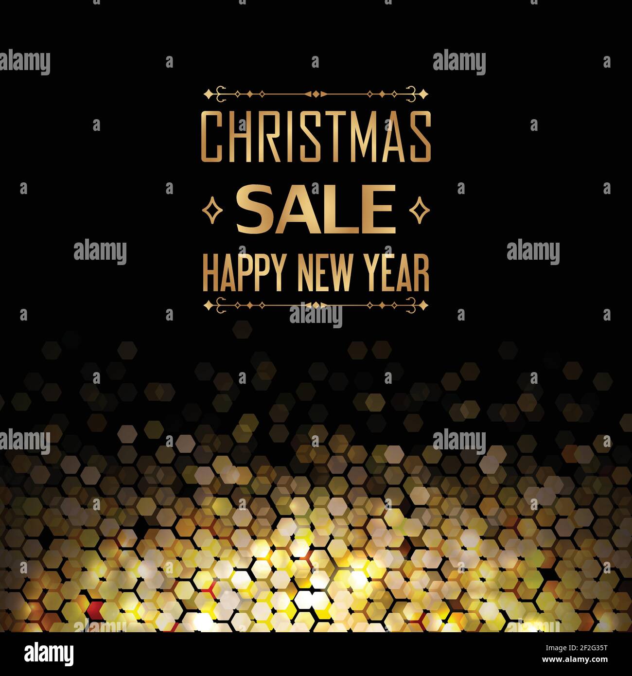 Christmas sale and happy new year poster with decorative arrows and hexagonal golden elements as combs on the black background vector illustration Stock Vector