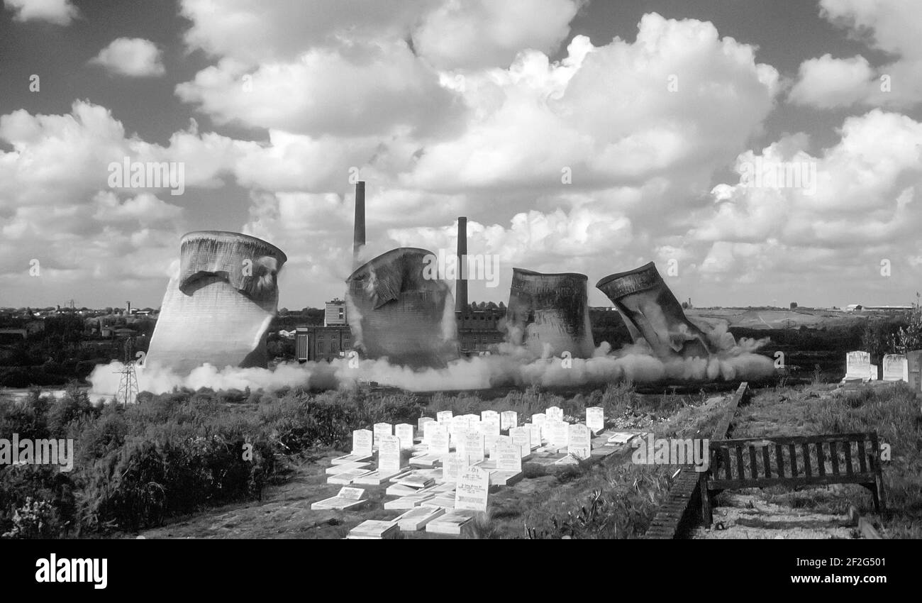 Demolition of Agecroft Power Station from Rainsough Cemetery, Bury - 8 May 1994 Stock Photo