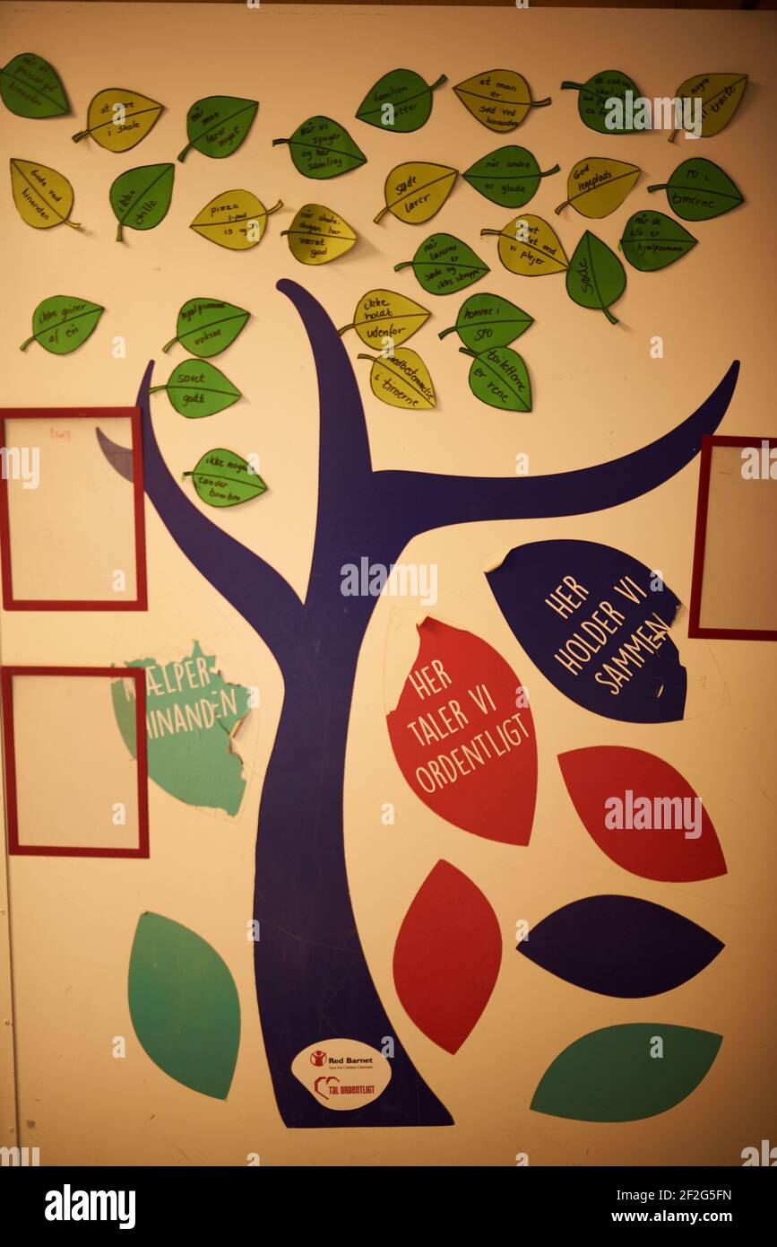 Handmade tree on a wall with words on the leafs in a school Stock Photo